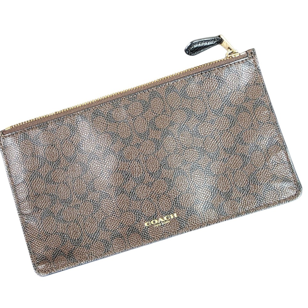 Coach Signature Pouch Women OS Brown Excellent Monogram Canvas Slim Zip Clutch
